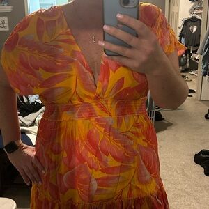 Blue Island Orange and Yellow Leaf Print Midi Dress